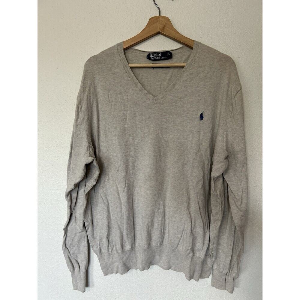 Polo Ralph Lauren Sweater Mens 2XL Beige V Neck Long Sleeve Pima Cotton Vintage‎